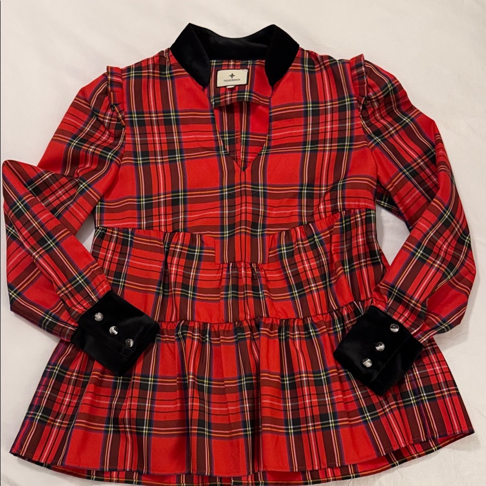Tuckernuck NWOT Red Plaid Long Sleeve Top/Tunic with Black velvet Accents